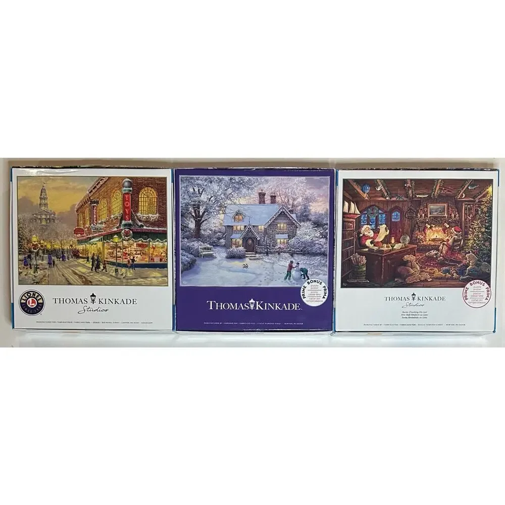 New Sealed Set of 3 Thomas Kinkade 1000pc Puzzles 3328-43, 3328-57, 3328-49